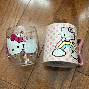 Sanrio Hello Kitty glitter handle glass mug and Rainbow dots ceramic mug bundle